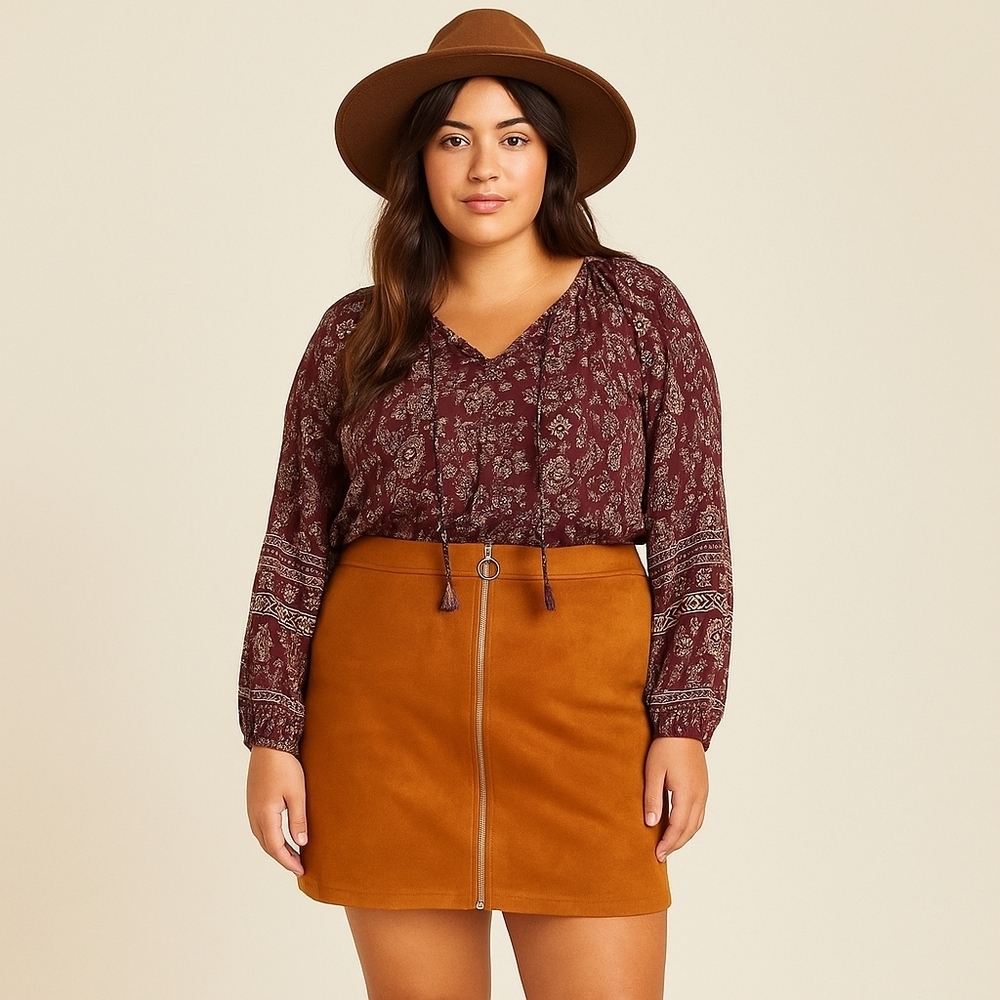 Guess Burnt Orange Suede-Look Mini Skirt with Front Zip – Size XL